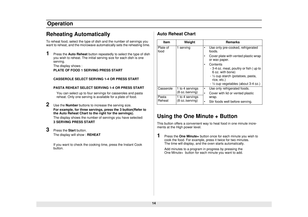 Samsung SMH5140WB/BB, SMH6160WB/BB/CB Operation Reheating Automatically, Using the One Minute + Button, Auto Reheat Chart 