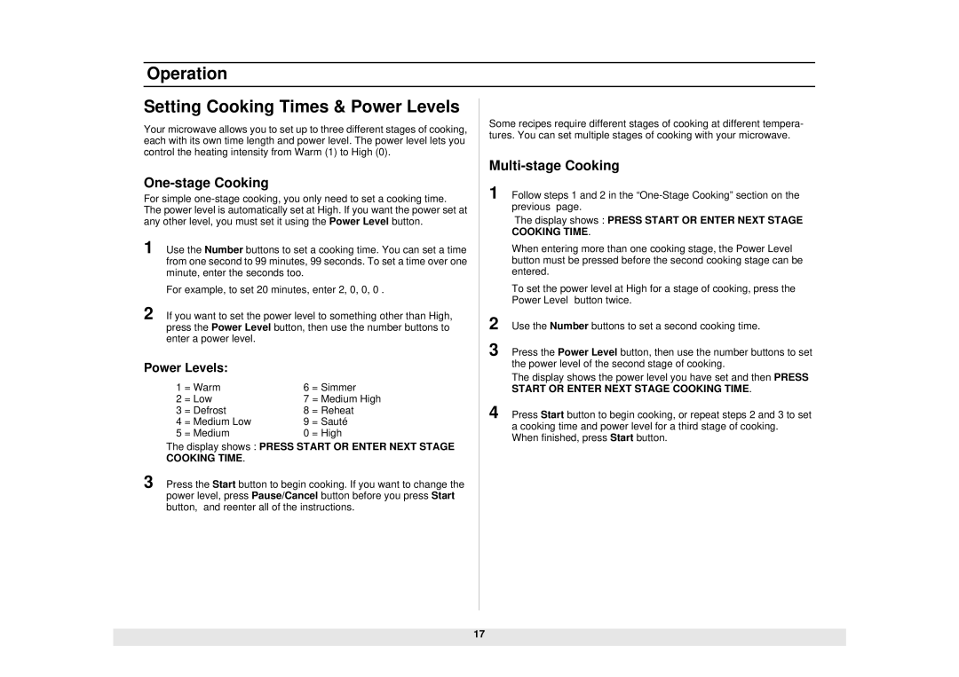 Samsung SMH5140WB/BB, SMH6160WB/BB/CB, SMH6140WB/BB/CB Operation Setting Cooking Times & Power Levels, One-stage Cooking 