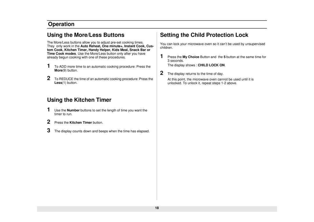 Samsung SMH6160WB/BB/CB Operation Using the More/Less Buttons, Using the Kitchen Timer, Setting the Child Protection Lock 