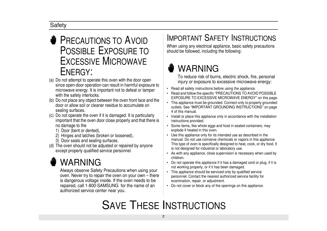 Samsung SMH5140WB/BB, SMH6160WB/BB/CB, SMH6140WB/BB/CB manual Important Safety Instructions 