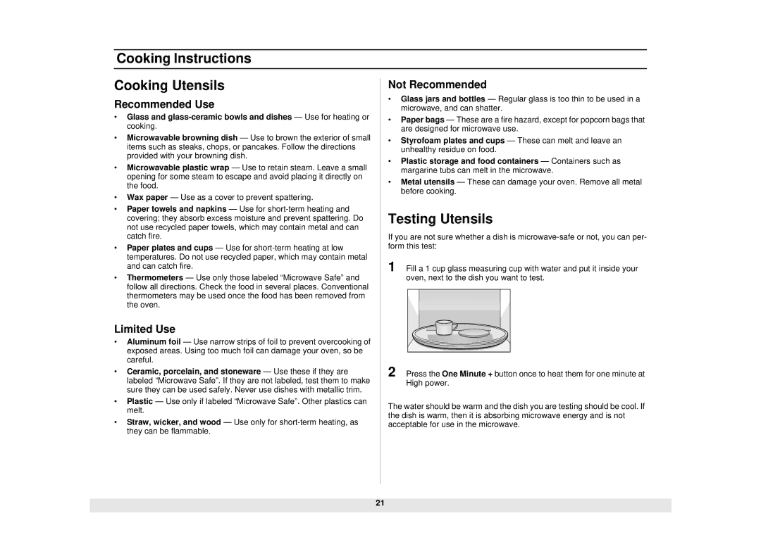 Samsung SMH6160WB/BB/CB manual Cooking Instructions Cooking Utensils, Testing Utensils, Recommended Use, Limited Use 