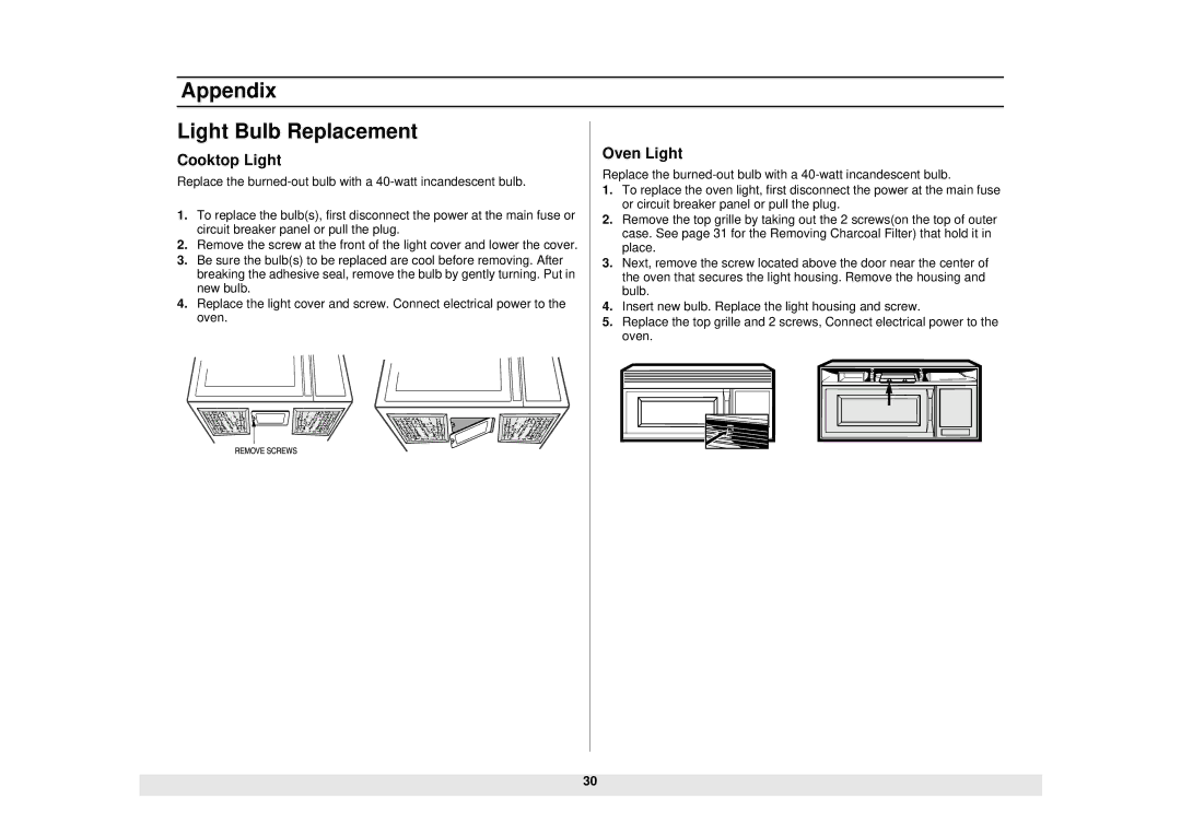 Samsung SMH6160WB/BB/CB, SMH6140WB/BB/CB, SMH5140WB/BB manual Appendix Light Bulb Replacement, Cooktop Light, Oven Light 