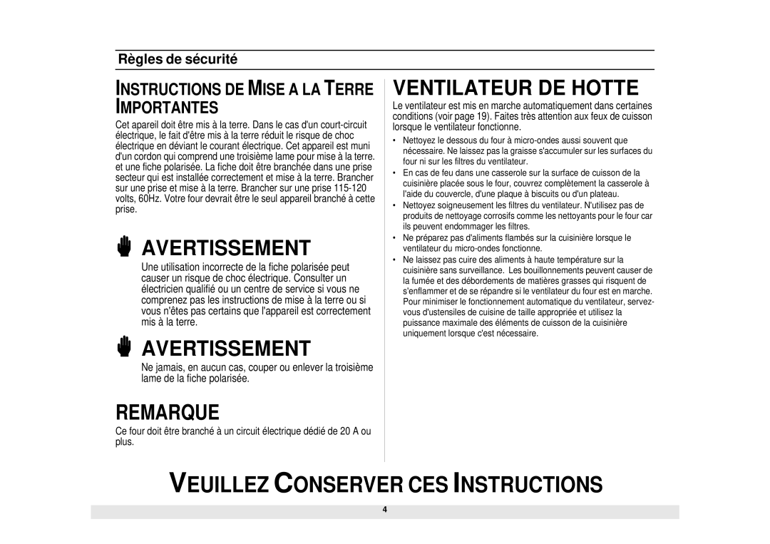 Samsung SMH6140WB/BB/CB, SMH6160WB/BB/CB, SMH5140WB/BB manual Instructions DE Mise a LA Terre Importantes, Règles de sécurité 