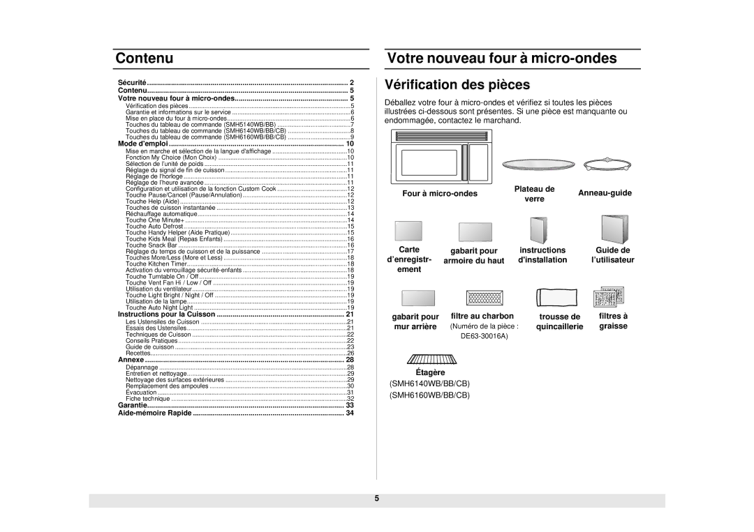 Samsung SMH5140WB/BB Vérification des pièces, Four à micro-ondes Plateau de Anneau-guide, Gabarit pour Filtre au charbon 