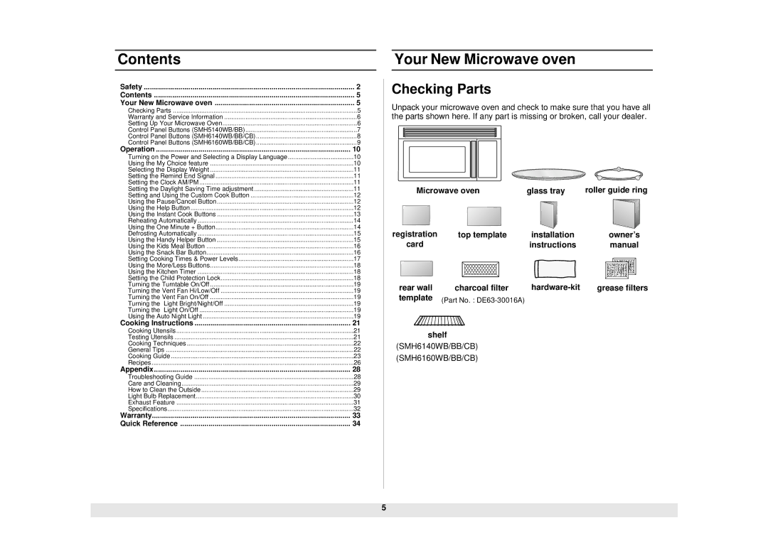 Samsung SMH5140WB/BB, SMH6160WB/BB/CB, SMH6140WB/BB/CB manual Contents 