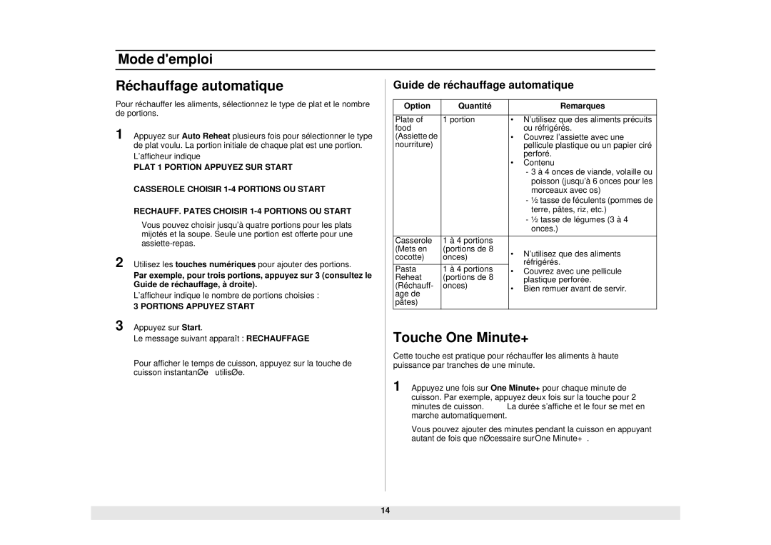 Samsung SMH5140WB/BB manual Mode demploi Réchauffage automatique, Touche One Minute+, Guide de réchauffage automatique 