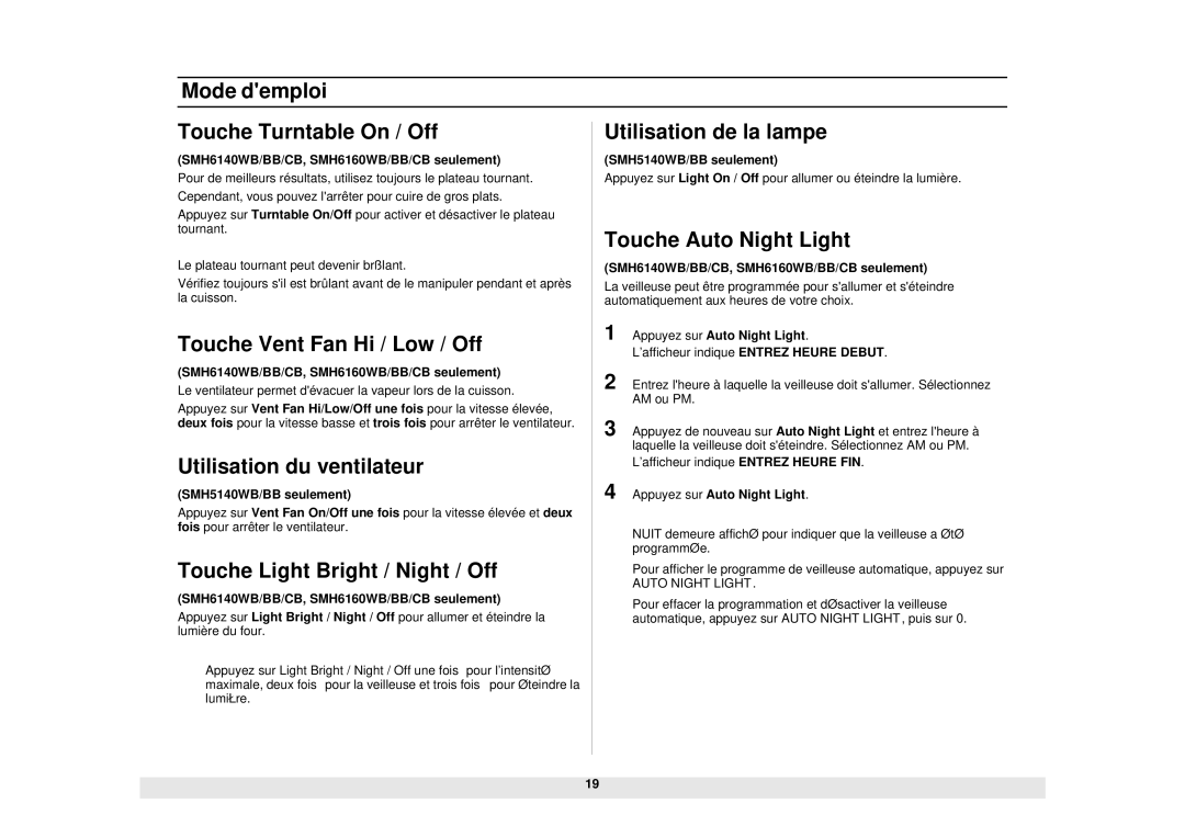 Samsung SMH6140WB/BB/CB Mode demploi Touche Turntable On / Off, Touche Vent Fan Hi / Low / Off, Utilisation du ventilateur 