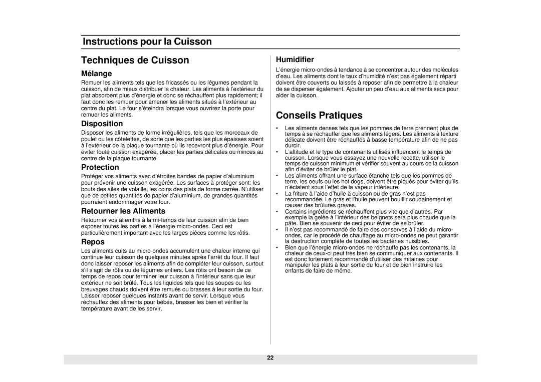 Samsung SMH6140WB/BB/CB, SMH6160WB/BB/CB manual Instructions pour la Cuisson Techniques de Cuisson, Conseils Pratiques 