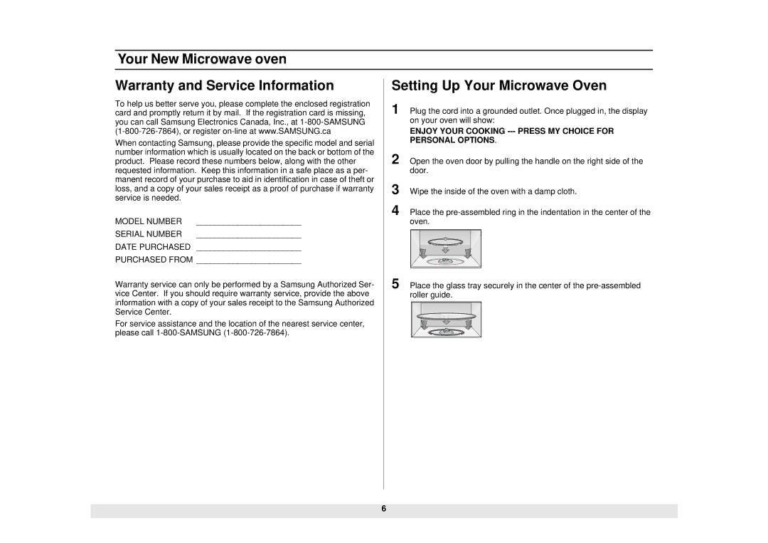 Samsung SMH6160WB/BB/CB, SMH6140WB/BB/CB, SMH5140WB/BB manual Your New Microwave oven Warranty and Service Information 