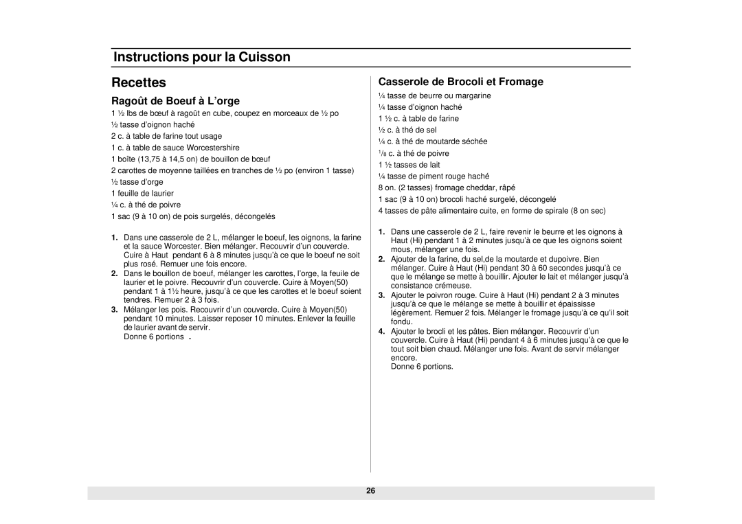 Samsung SMH5140WB/BB Instructions pour la Cuisson Recettes, Ragoût de Boeuf à L’orge, Casserole de Brocoli et Fromage 