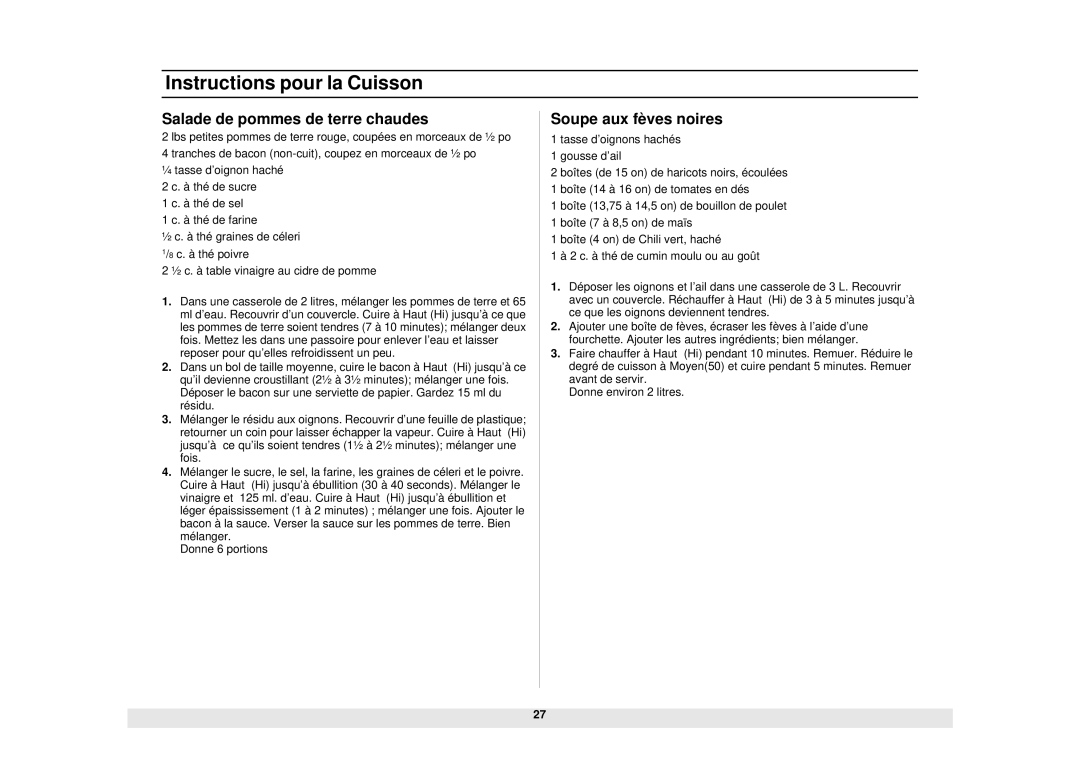 Samsung SMH6160WB/BB/CB, SMH6140WB/BB/CB, SMH5140WB/BB manual Salade de pommes de terre chaudes, Soupe aux fèves noires 