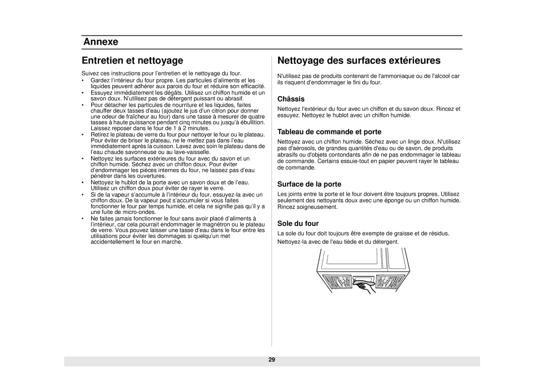 Samsung SMH5140WB/BB, SMH6160WB/BB/CB manual Châssis, Tableau de commande et porte, Surface de la porte, Sole du four 