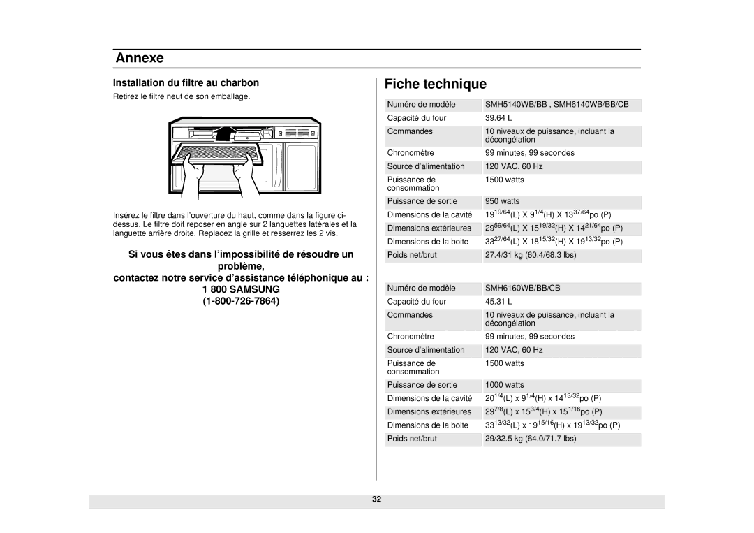 Samsung SMH5140WB/BB, SMH6160WB/BB/CB, SMH6140WB/BB/CB manual Annexe, Fiche technique, Installation du filtre au charbon 