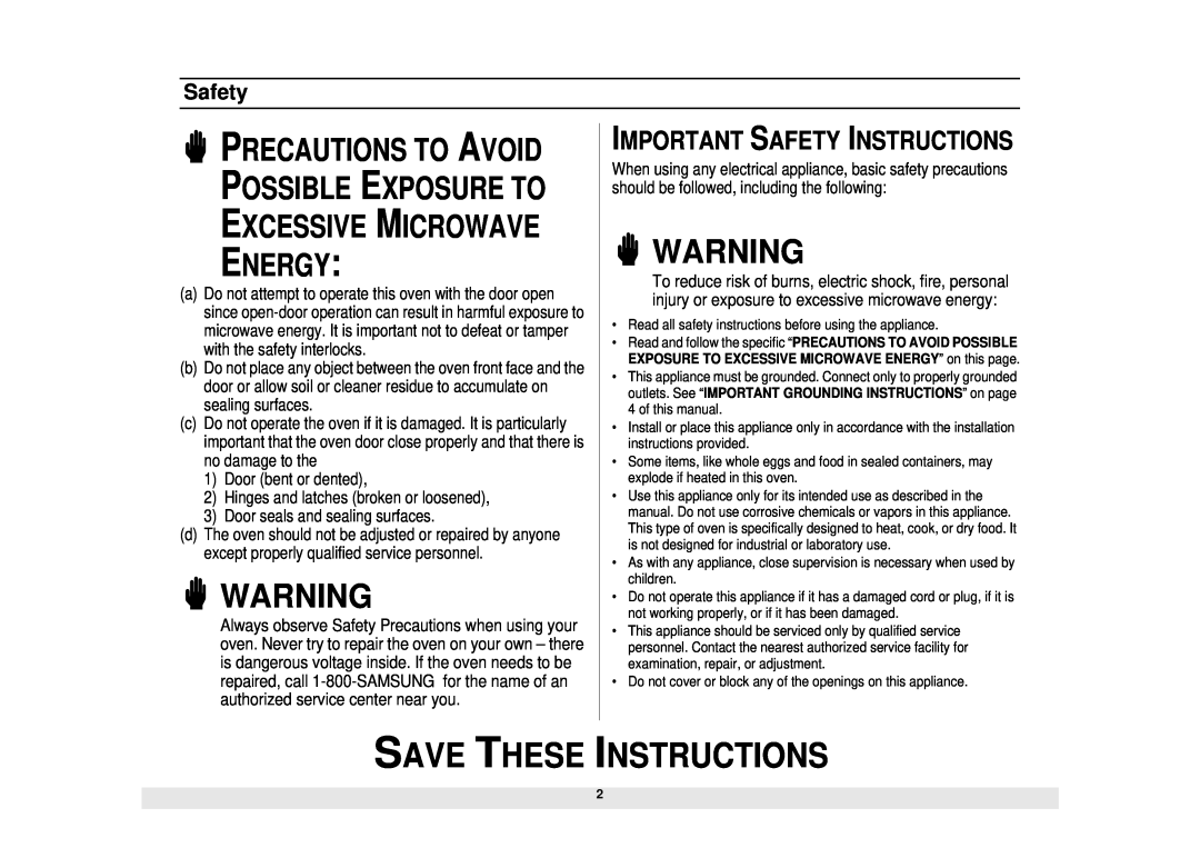Samsung SMH5140WB/BB Save These Instructions, Precautions To Avoid Possible Exposure To Excessive Microwave Energy, Safety 