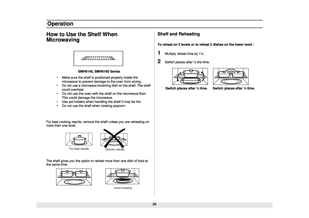 Samsung SMH5140WB/BB manual How to Use the Shelf When Microwaving, Shelf and Reheating, Operation, SMH6140, SMH6160 Series 