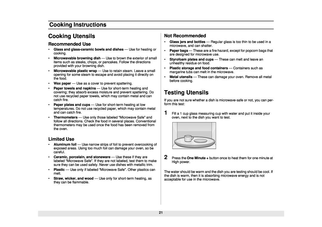 Samsung SMH6160WB/BB/CB manual Cooking Instructions, Cooking Utensils, Testing Utensils, Recommended Use, Limited Use 