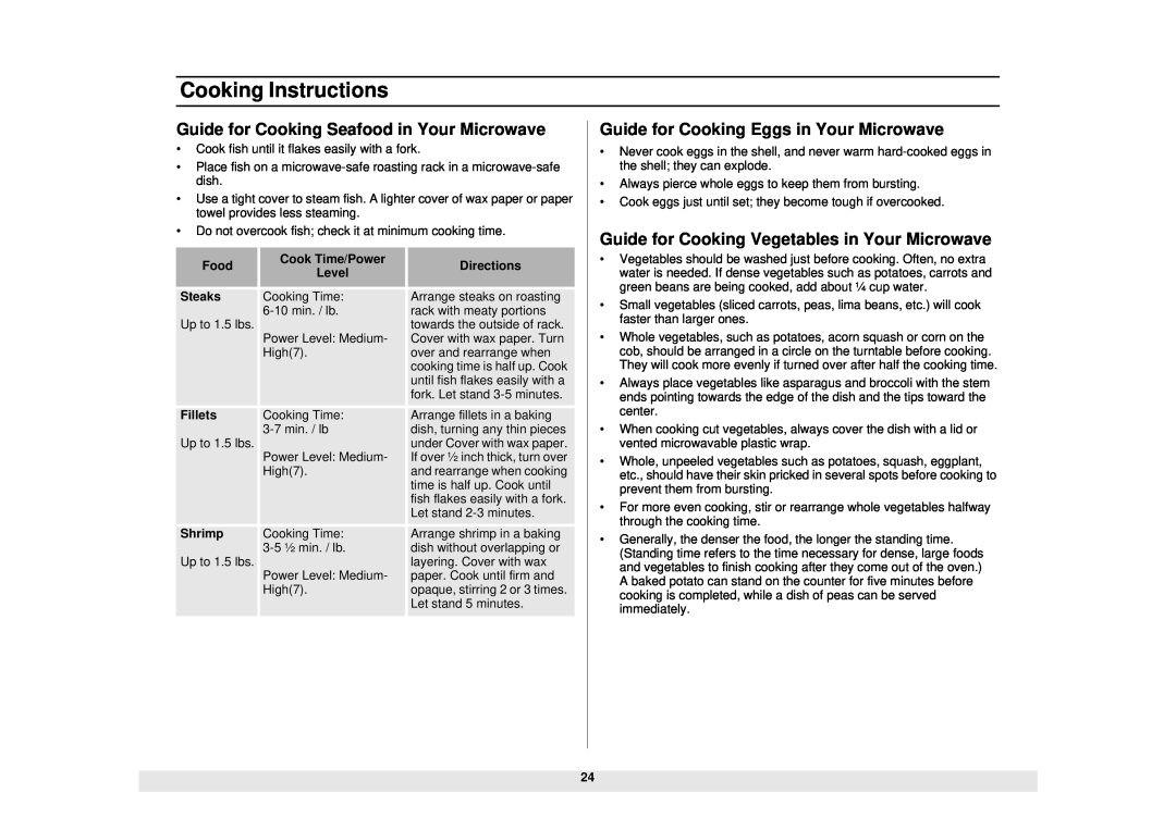 Samsung SMH6160WB/BB/CB manual Guide for Cooking Seafood in Your Microwave, Guide for Cooking Eggs in Your Microwave 