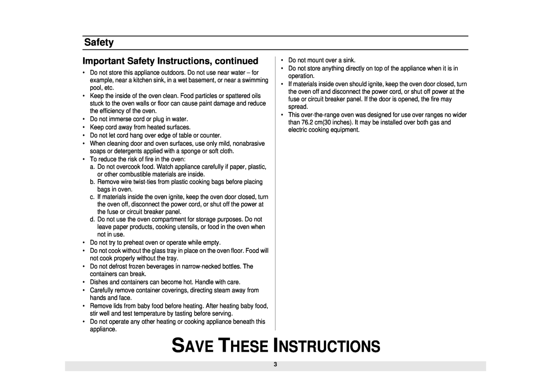 Samsung SMH6160WB/BB/CB, SMH6140WB/BB/CB, SMH5140WB/BB Important Safety Instructions, continued, Save These Instructions 