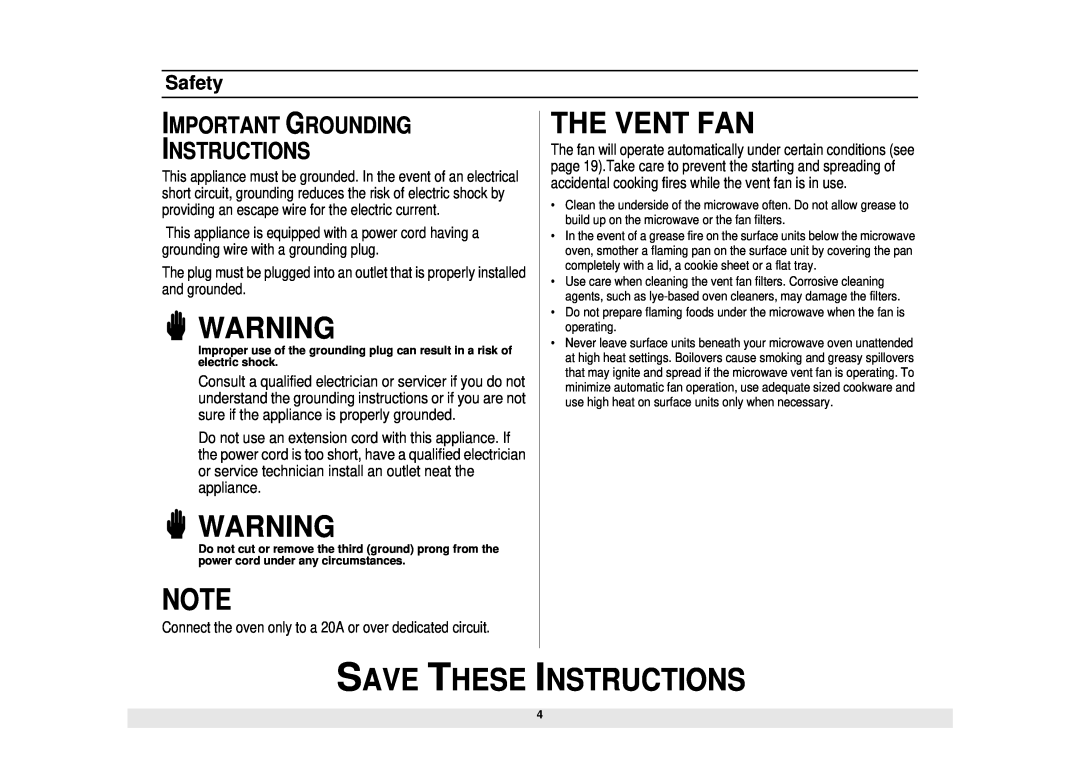 Samsung SMH6140WB/BB/CB, SMH6160WB/BB/CB The Vent Fan, Important Grounding Instructions, Save These Instructions, Safety 