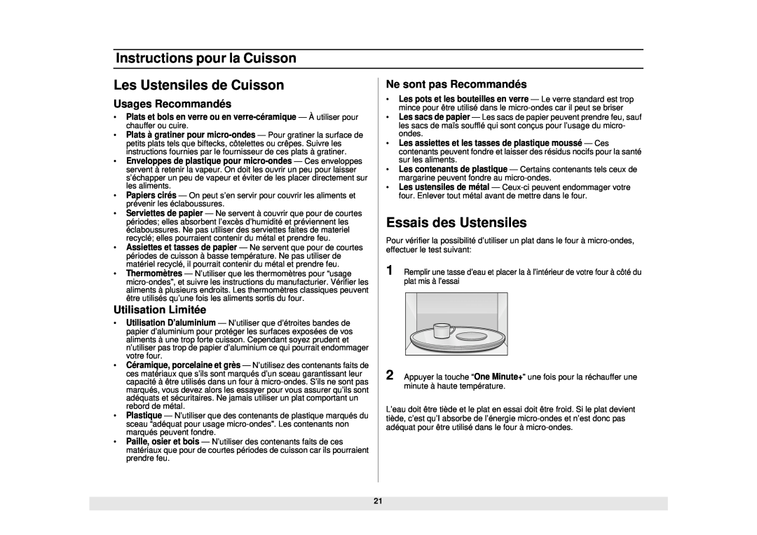 Samsung SMH6160WB/BB/CB Instructions pour la Cuisson, Les Ustensiles de Cuisson, Essais des Ustensiles, Usages Recommandés 
