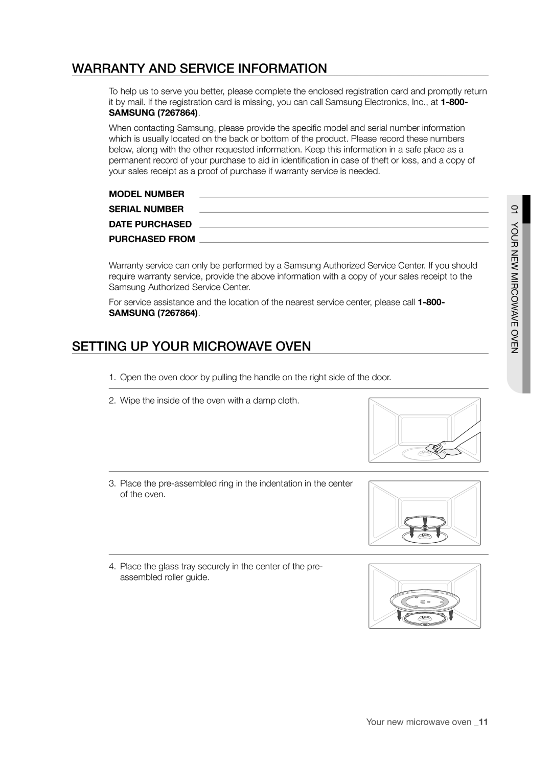 Samsung SMH6165 user manual Warranty and Service Information, Setting up your Microwave Oven 