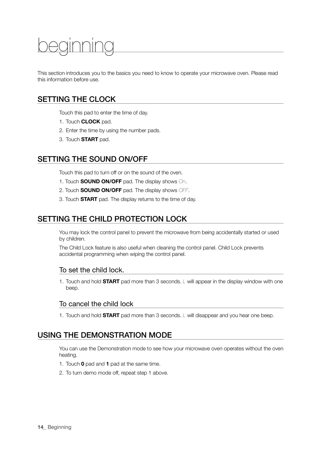 Samsung SMH6165 user manual Beginning, Setting the clock, Setting the sound on/off, Setting the child protection lock 