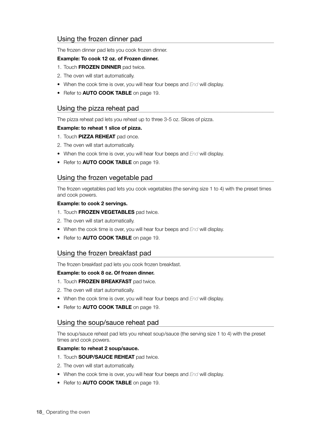 Samsung SMH6165 user manual Using the frozen dinner pad, Using the pizza reheat pad, Using the frozen vegetable pad 