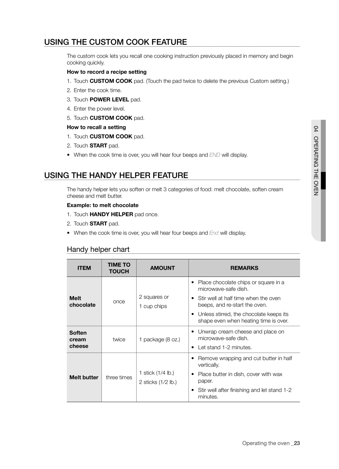 Samsung SMH6165 user manual Using the custom cook feature, Using the handy helper feature, Handy helper chart 