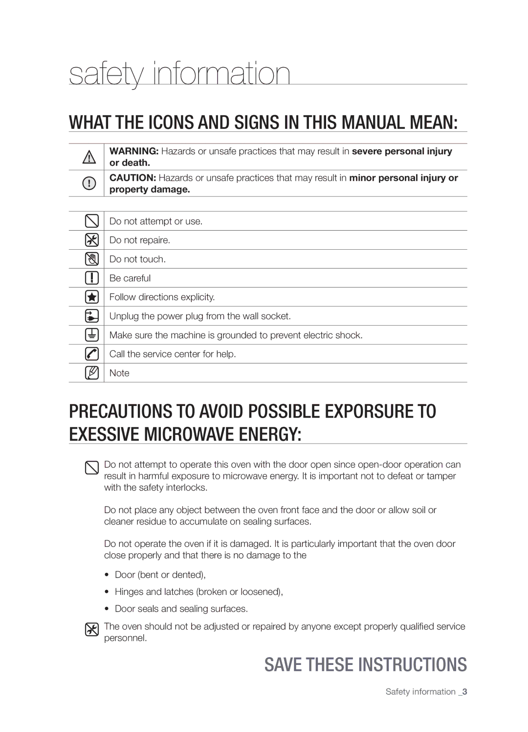 Samsung SMH6165 user manual Safety information, What the icons and signs in this manual mean 