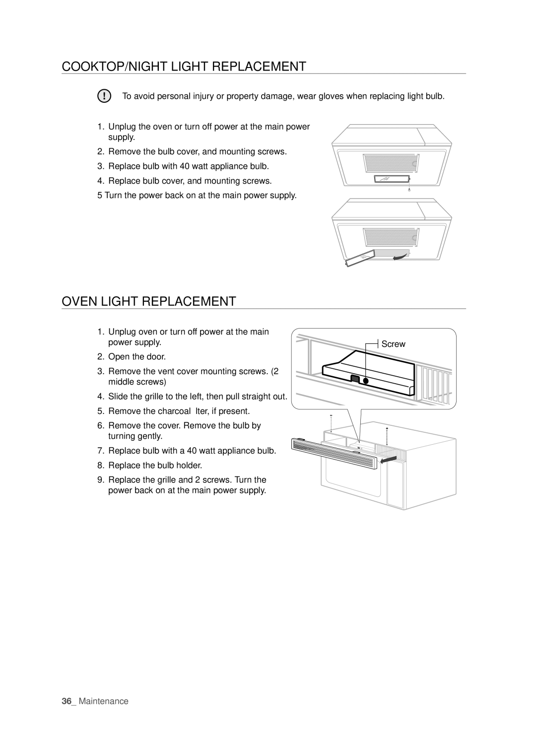 Samsung SMH6165 user manual COOktOp/nIght LIght repLaCement, Oven LIght repLaCement 