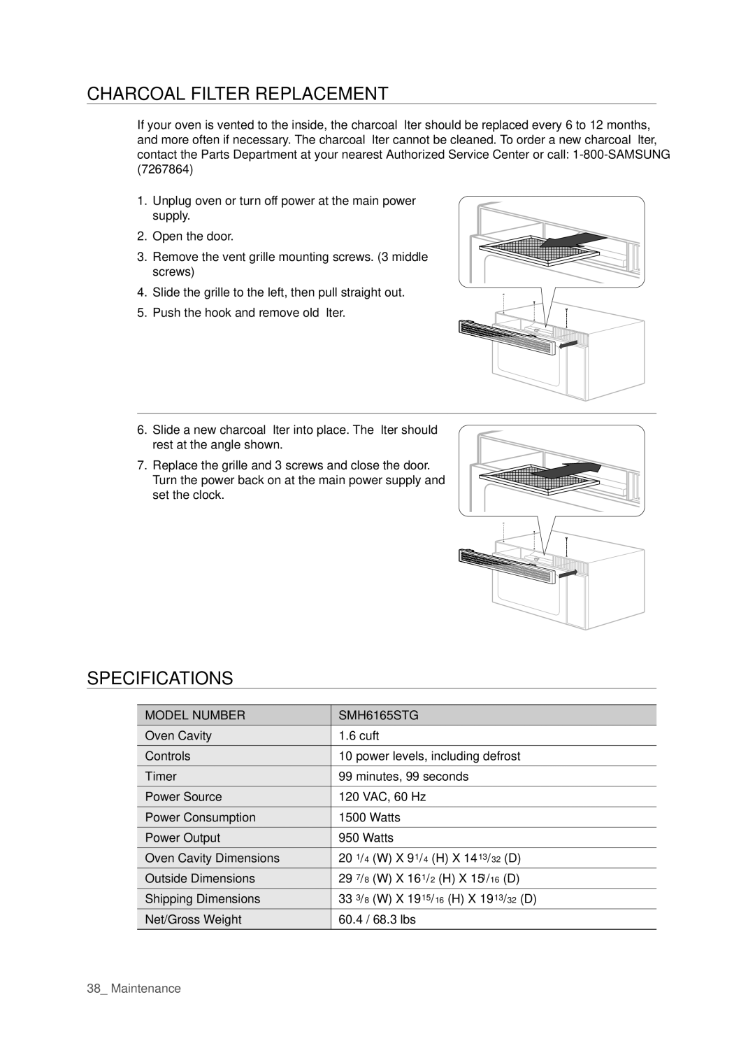 Samsung SMH6165 user manual CharCOaL fILter repLaCement, SpeCIfICatIOns, Model NUMbER SMh 1 STG 