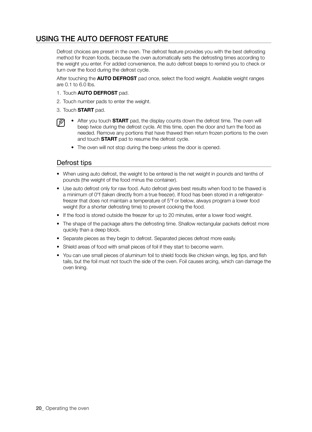 Samsung SMH6165 user manual Using the auto defrost feature, Defrost tips, Operating the oven 