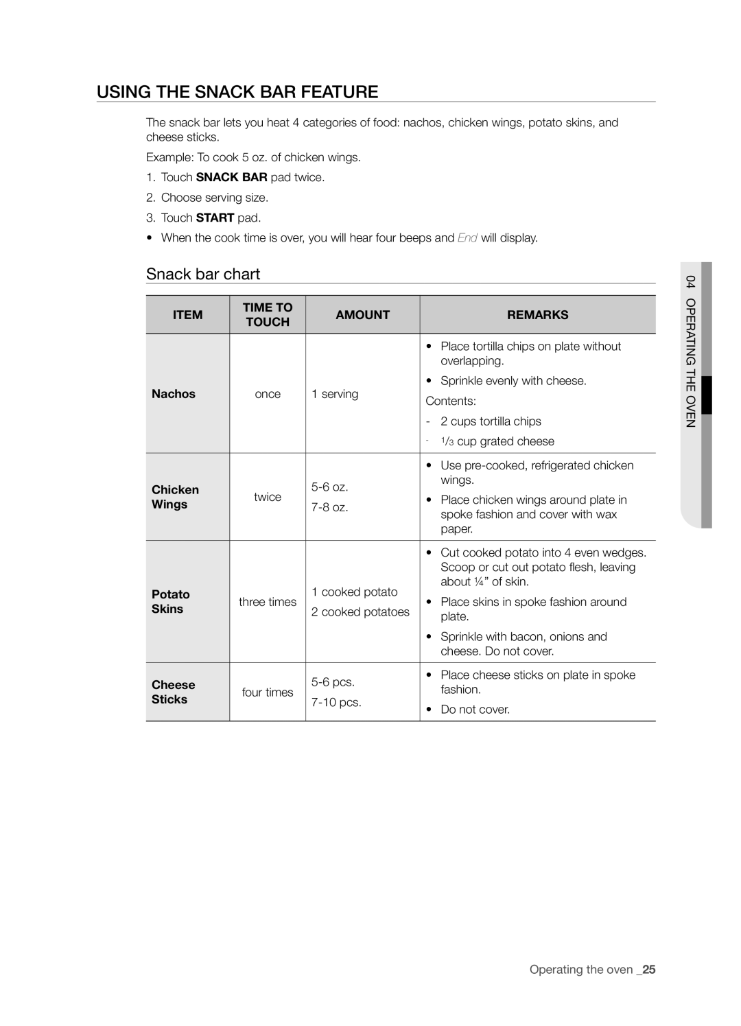 Samsung SMH6165 user manual Using the snack bar feature, Snack bar chart, Operating the oven 