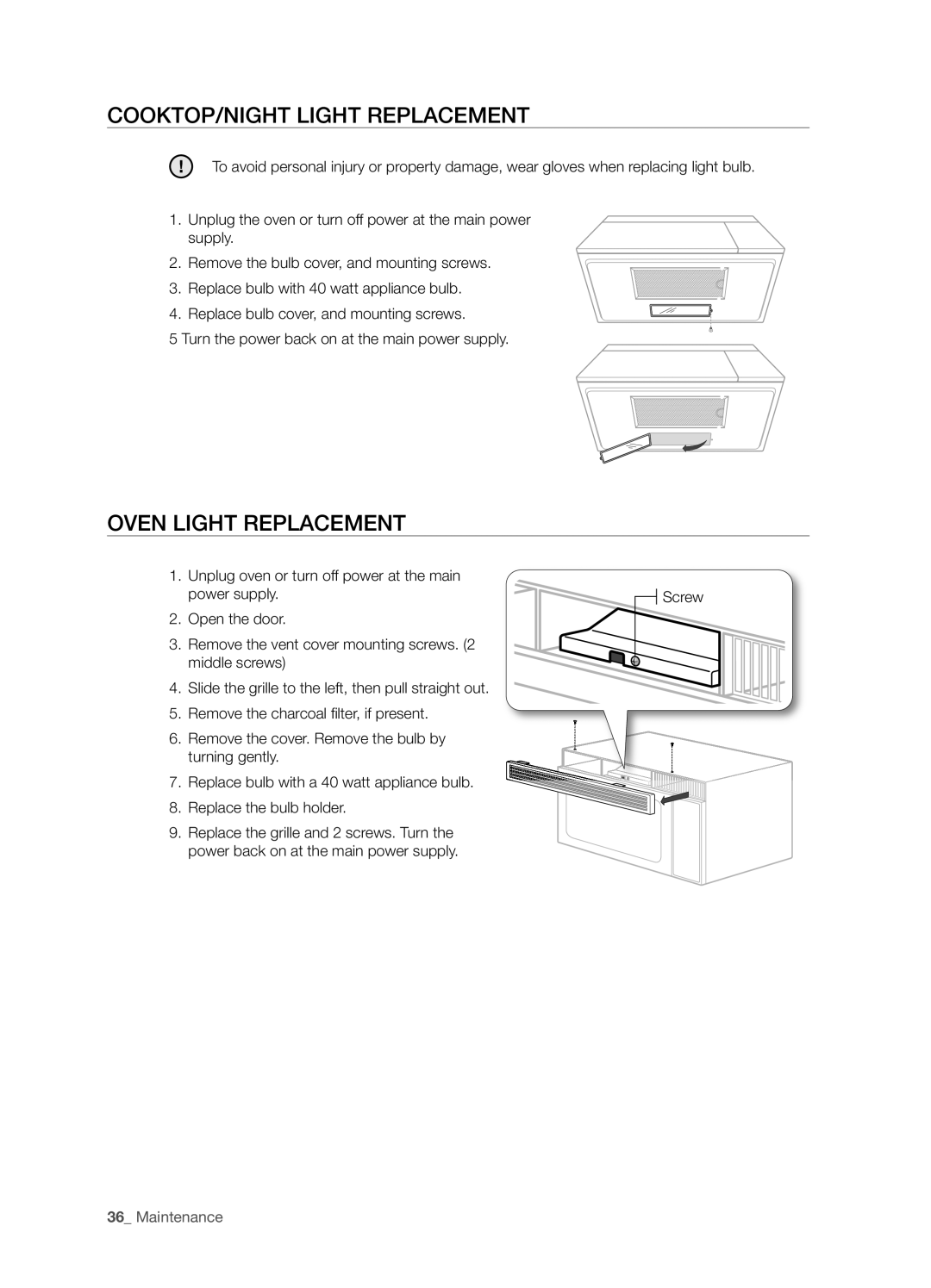 Samsung SMH6165 user manual COOktOp/nIght LIght repLaCement, Oven LIght repLaCement,  Maintenance 