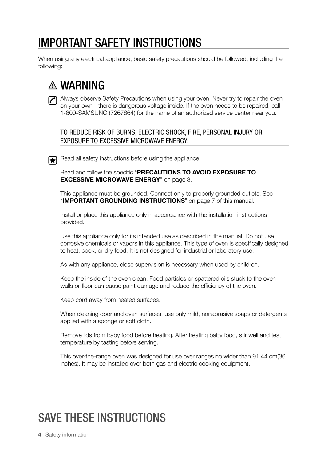 Samsung SMH6165 user manual Important Safety Instructions, Save These Instructions 