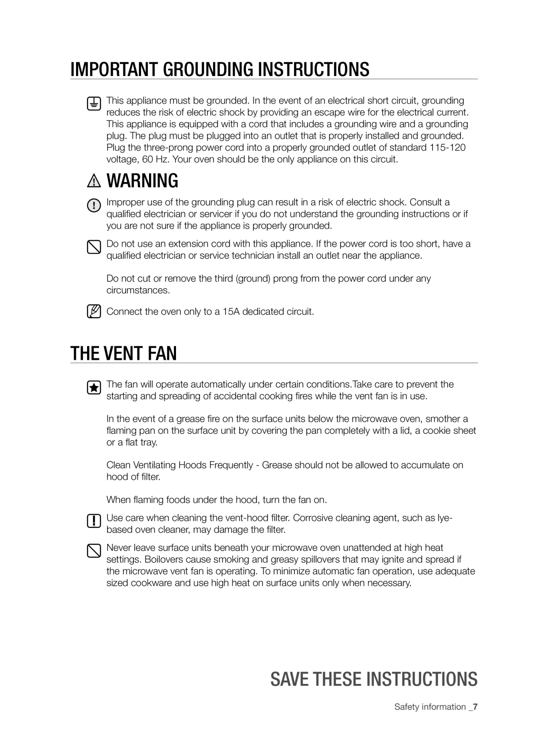 Samsung SMH6165 user manual Important grounding instructions, The vent fan, Save These Instructions 