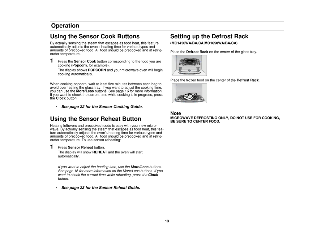 Samsung MO1450BA, SMH7150WC, SMH7150CC, MO1650WA, MO1650BA manual Using the Sensor Reheat Button, Press Sensor Reheat button 