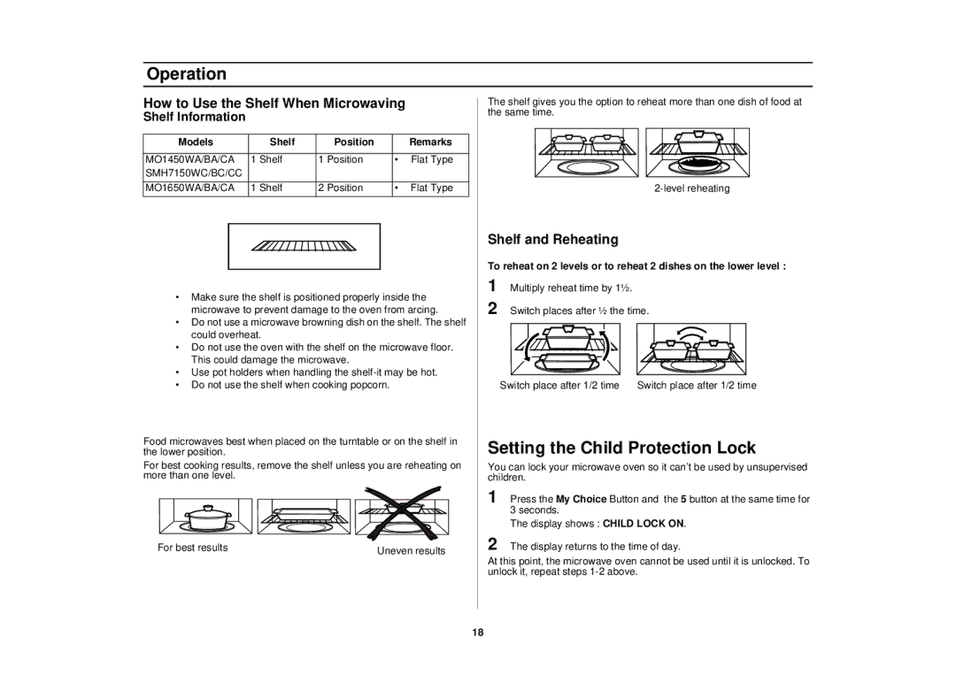 Samsung MO1650CA Operation, Setting the Child Protection Lock, How to Use the Shelf When Microwaving, Shelf and Reheating 