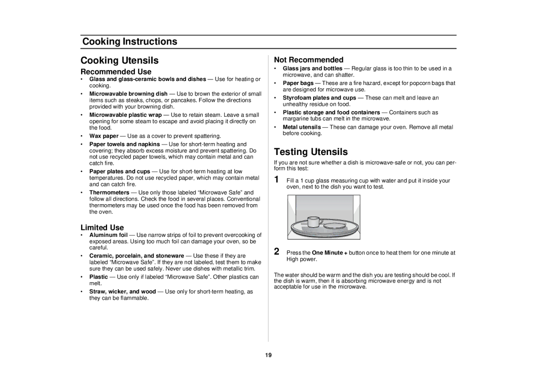 Samsung MO1450CA Cooking Instructions Cooking Utensils, Testing Utensils, Recommended Use, Limited Use, Not Recommended 