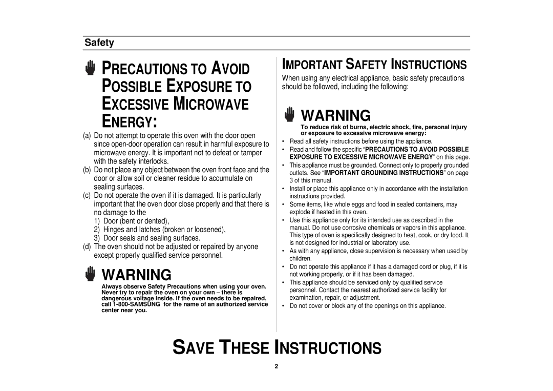 Samsung MO1650WA, SMH7150WC, SMH7150CC, MO1650BA, MO1650CA, MO1450CA, MO1450BA manual Important Safety Instructions 