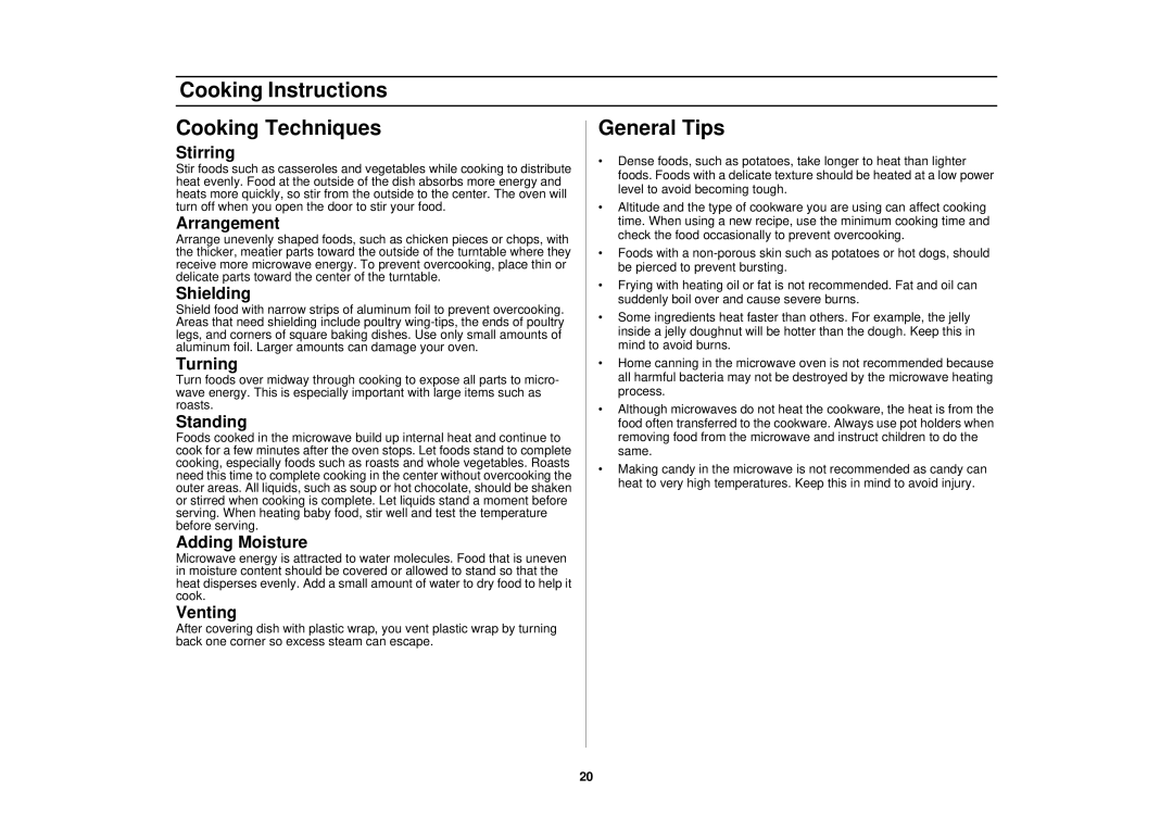 Samsung MO1450BA, SMH7150WC, SMH7150CC, MO1650WA, MO1650BA, MO1650CA manual Cooking Instructions Cooking Techniques General Tips 