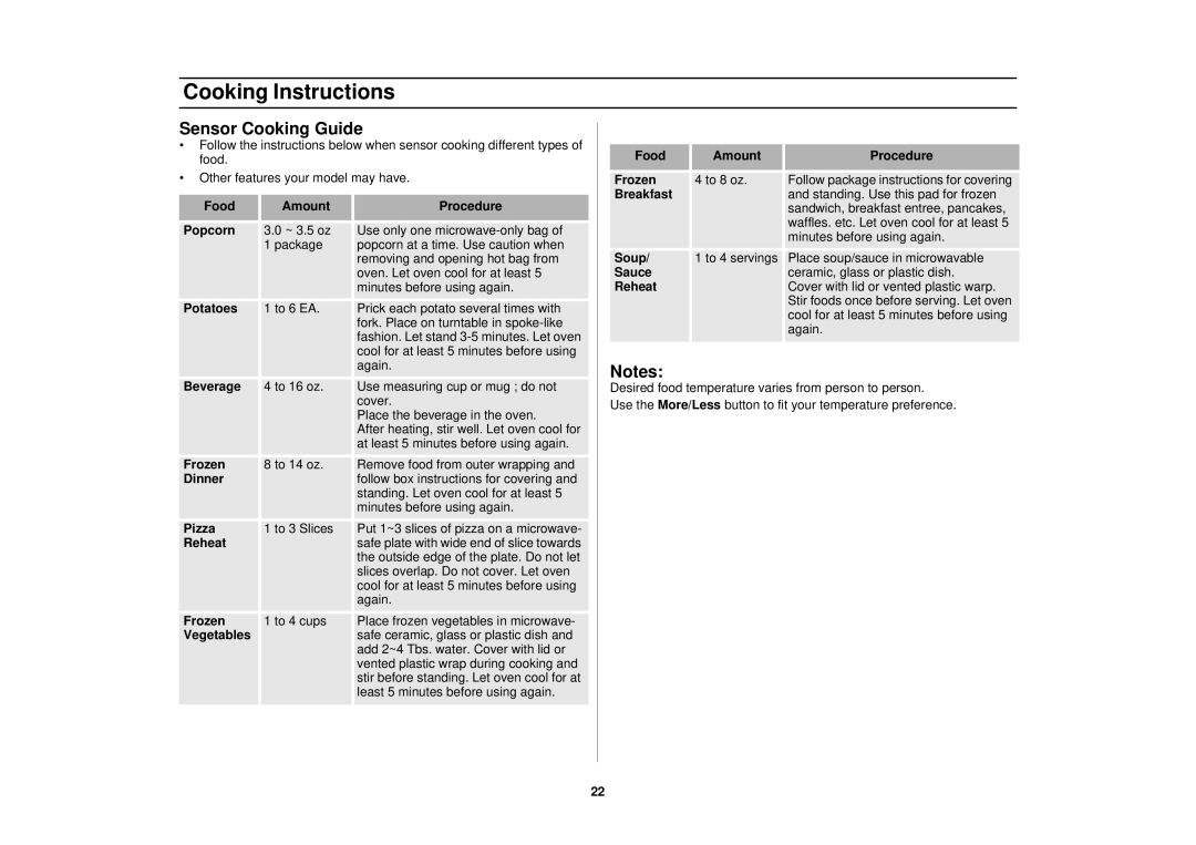 Samsung SMH7150CC, SMH7150WC, MO1650WA, MO1650BA, MO1650CA, MO1450CA, MO1450BA manual Cooking Instructions, Sensor Cooking Guide 