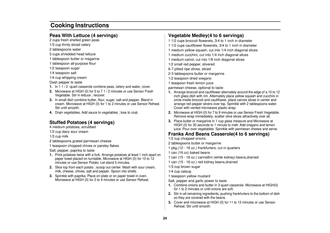 Samsung MO1650BA, SMH7150WC Peas With Lettuce 4 servings, Stuffed Potatoes 4 servings, Vegetable Medley4 to 6 servings 