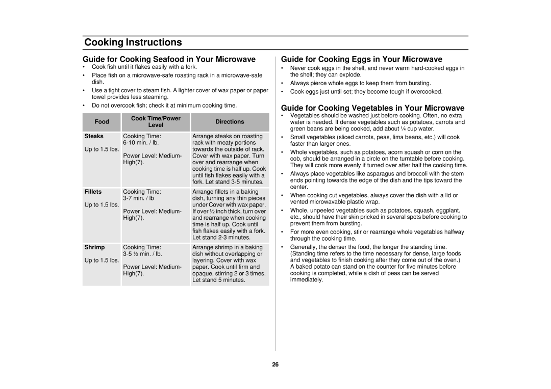 Samsung MO1450CA, SMH7150WC, MO1650WA Guide for Cooking Seafood in Your Microwave, Guide for Cooking Eggs in Your Microwave 