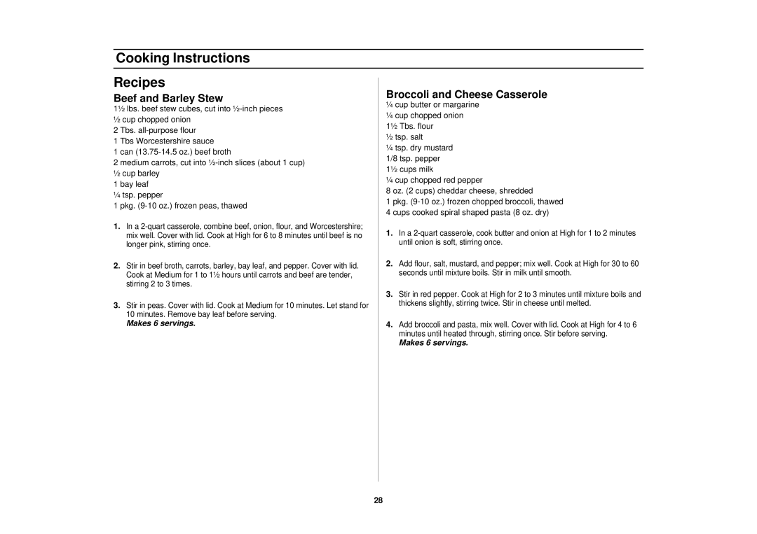 Samsung SMH7150WC, SMH7150CC, MO1650WA Cooking Instructions Recipes, Broccoli and Cheese Casserole, Beef and Barley Stew 