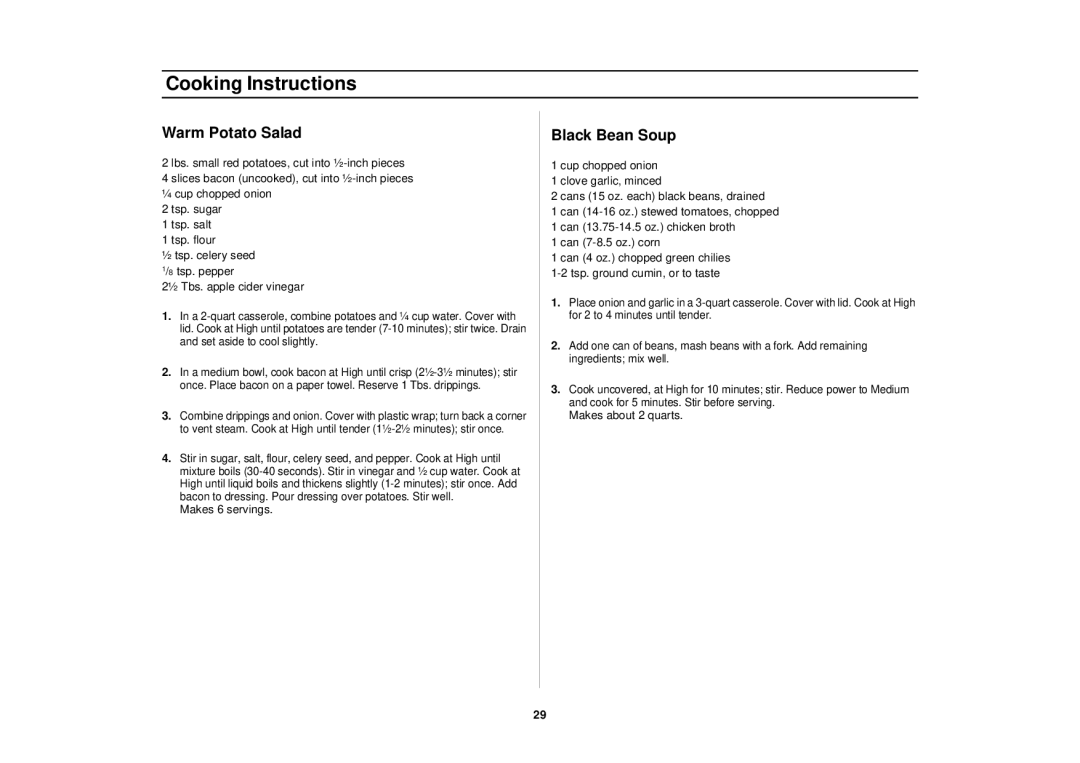 Samsung SMH7150CC, SMH7150WC, MO1650WA, MO1650BA, MO1650CA, MO1450CA, MO1450BA manual Warm Potato Salad, Black Bean Soup 