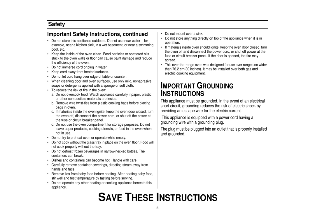 Samsung MO1650BA, SMH7150WC, SMH7150CC, MO1650WA, MO1650CA, MO1450CA, MO1450BA manual Important Grounding Instructions 