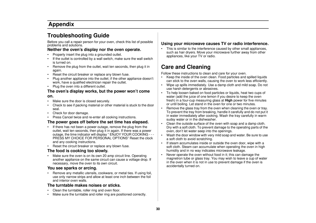 Samsung MO1650WA, SMH7150WC, SMH7150CC, MO1650BA, MO1650CA, MO1450CA manual Appendix Troubleshooting Guide, Care and Cleaning 