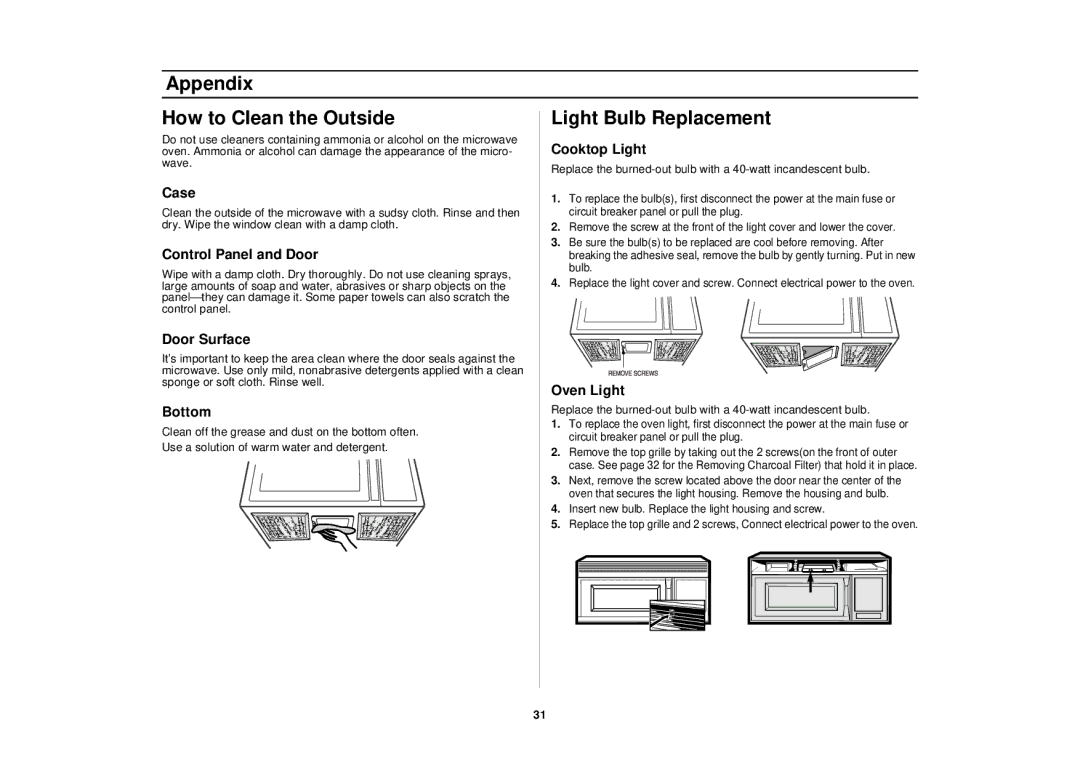 Samsung MO1650BA, SMH7150WC, SMH7150CC, MO1650WA Appendix How to Clean the Outside Light Bulb Replacement, Cooktop Light 