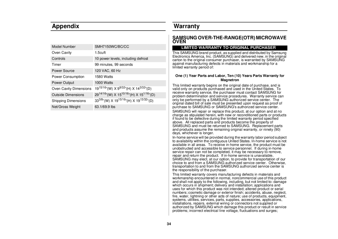 Samsung MO1450BA, SMH7150WC, SMH7150CC, MO1650WA, MO1650BA manual Appendix Warranty, Samsung OVER-THE-RANGEOTR Microwave Oven 